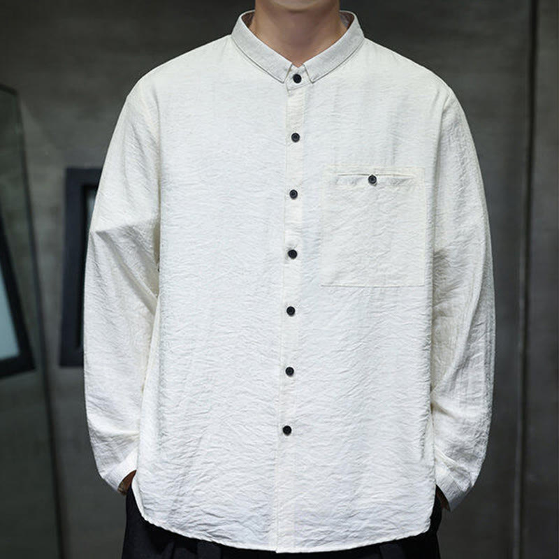 Buddha Stones Spring Men's Solid Color Buttons Design Long Sleeve Shirt - image 7