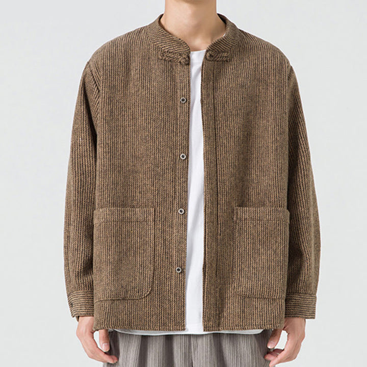 Buddha Stones Solid Color Frog-Button Long Sleeve Men's Cotton Corduroy Jacket With Pockets - Tan - US/UK/AU48，EU58(5XL) - image 0