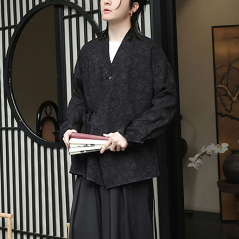 Buddha Stones Spring V-Neck Floral Men's Lace-up Design Long Sleeve Shirt - image 7