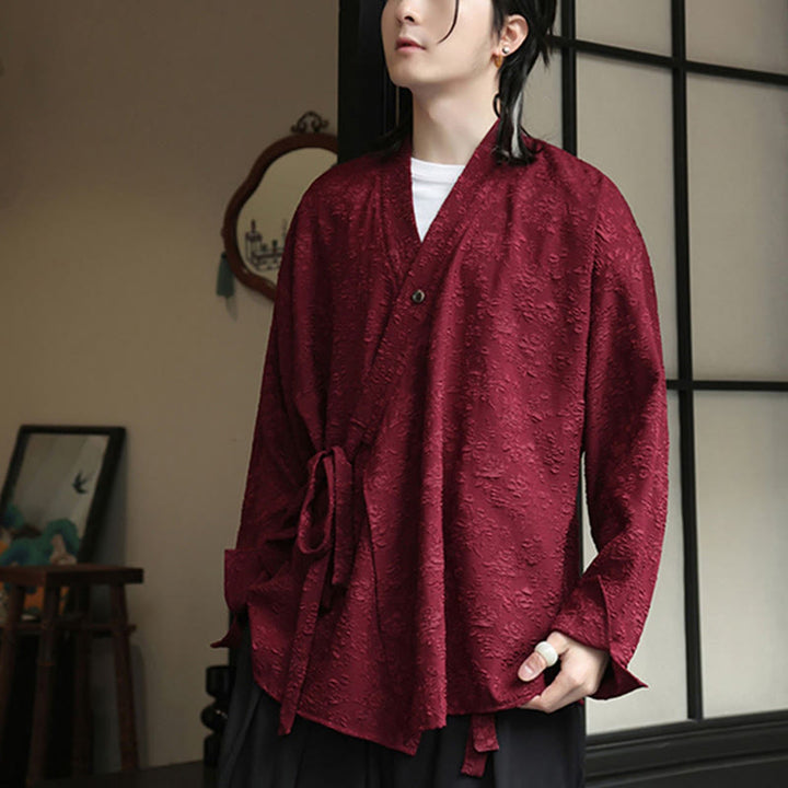 Buddha Stones Spring V-Neck Floral Men's Lace-up Design Long Sleeve Shirt - image 13