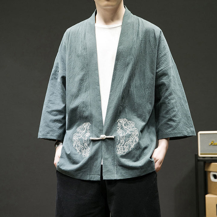 Buddha Stones Solid Auspicious Clouds Open Front Long Sleeve Jacket Men's Cotton Kimono - CadetBlue - US/UK/AU46，EU56 (5XL) - image 0
