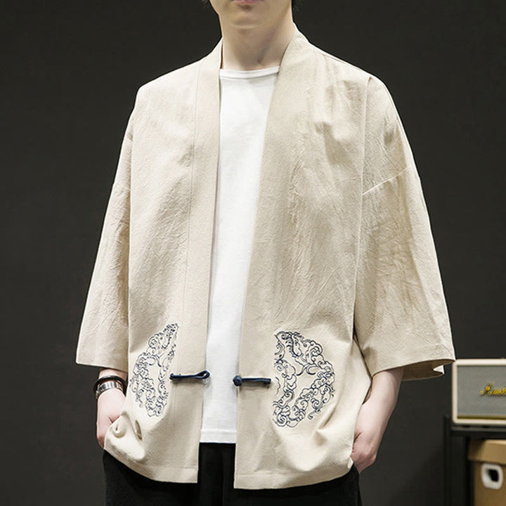 Buddha Stones Solid Auspicious Clouds Open Front Long Sleeve Jacket Men's Cotton Kimono - image 3