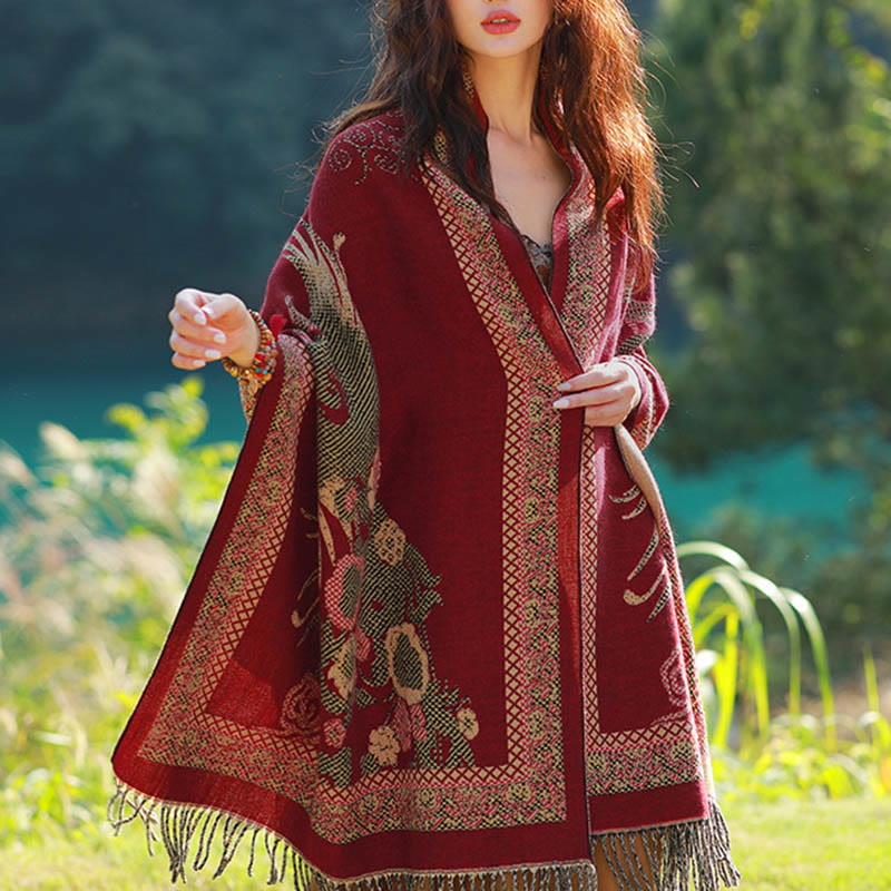 Buddha Stones Jacquard Ethnic Paisley Plants Pattern Tassel Soft Thermal Scarf Shawl - DarkRed Vines Bird Floral - 70-190cm - image 46