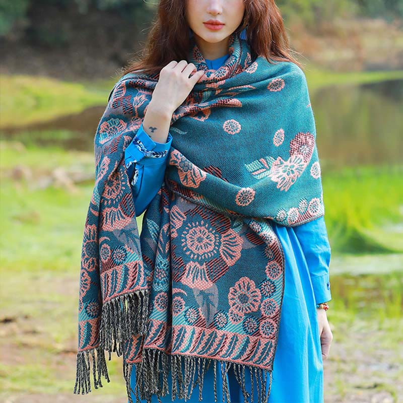 Buddha Stones Jacquard Ethnic Paisley Plants Pattern Tassel Soft Thermal Scarf Shawl - LightSeaGreen Floral - 70-190cm - image 19