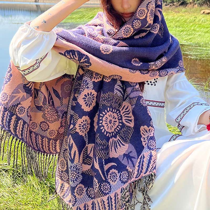 Buddha Stones Jacquard Ethnic Paisley Plants Pattern Tassel Soft Thermal Scarf Shawl - DarkOrchid Floral - 70-190cm - image 22
