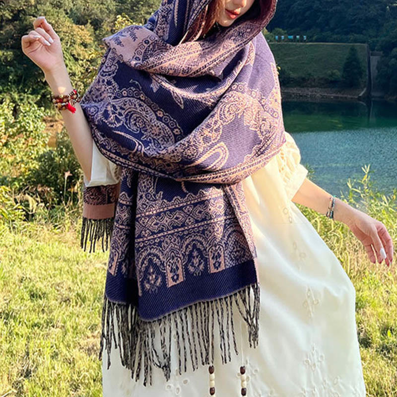 Buddha Stones Jacquard Ethnic Paisley Plants Pattern Tassel Soft Thermal Scarf Shawl - image 11