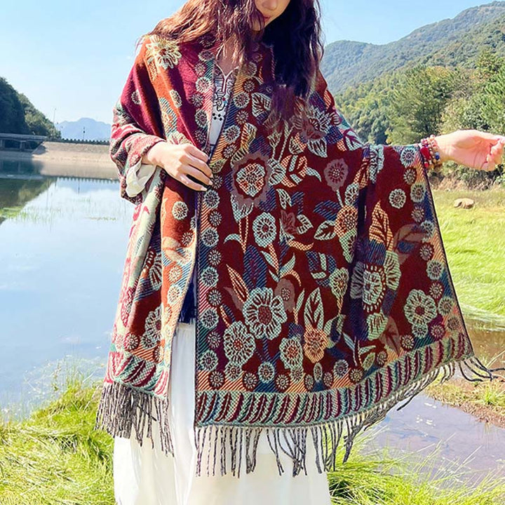 Buddha Stones Jacquard Ethnic Paisley Plants Pattern Tassel Soft Thermal Scarf Shawl - DarkRed Floral - 70-190cm - image 25