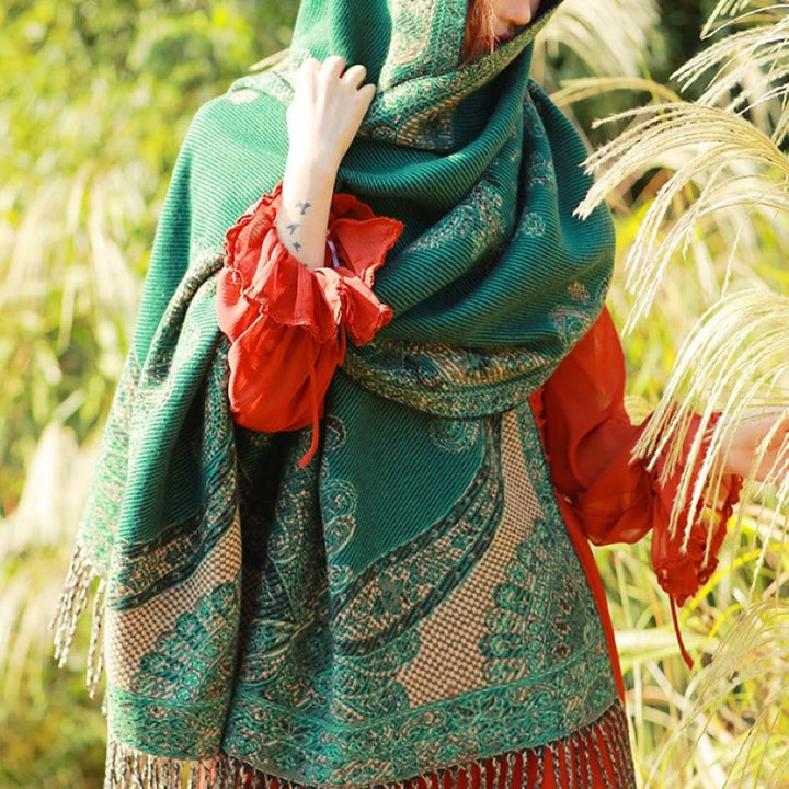 Buddha Stones Jacquard Ethnic Paisley Plants Pattern Tassel Soft Thermal Scarf Shawl - SeaGreen Paisley - 70-190cm - image 44