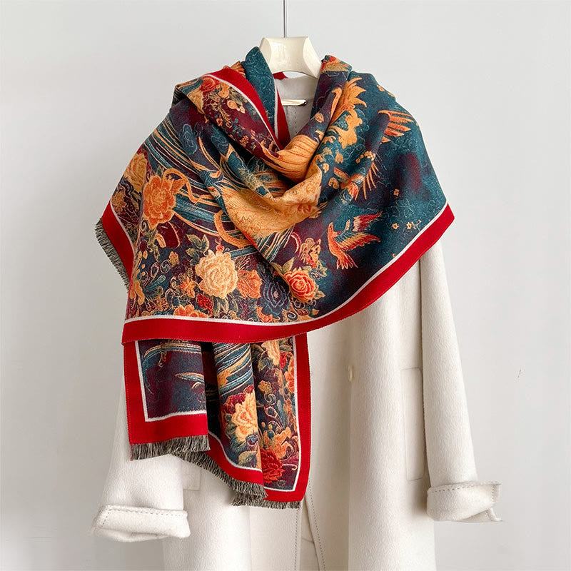 Buddha Stones Winter Phoenix Flowers Birds Pattern Tassels Thermal Soft Scarf Shawl - Teal - 180*65cm - image 0