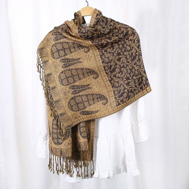 Buddha Stones Jacquard Color Contrast Patchwork Paisley Pattern Tassel Cozy Scarf Shawl - Goldenrod - image 0