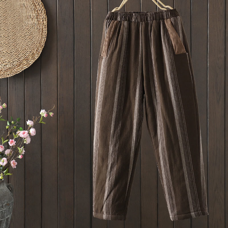 Buddha Stones Commute Thermal Striped Cotton Women's Harem Pants With Pockets - SaddleBrown - US8-10，UK/AU12-14，EU40-42 (2XL) - image 0