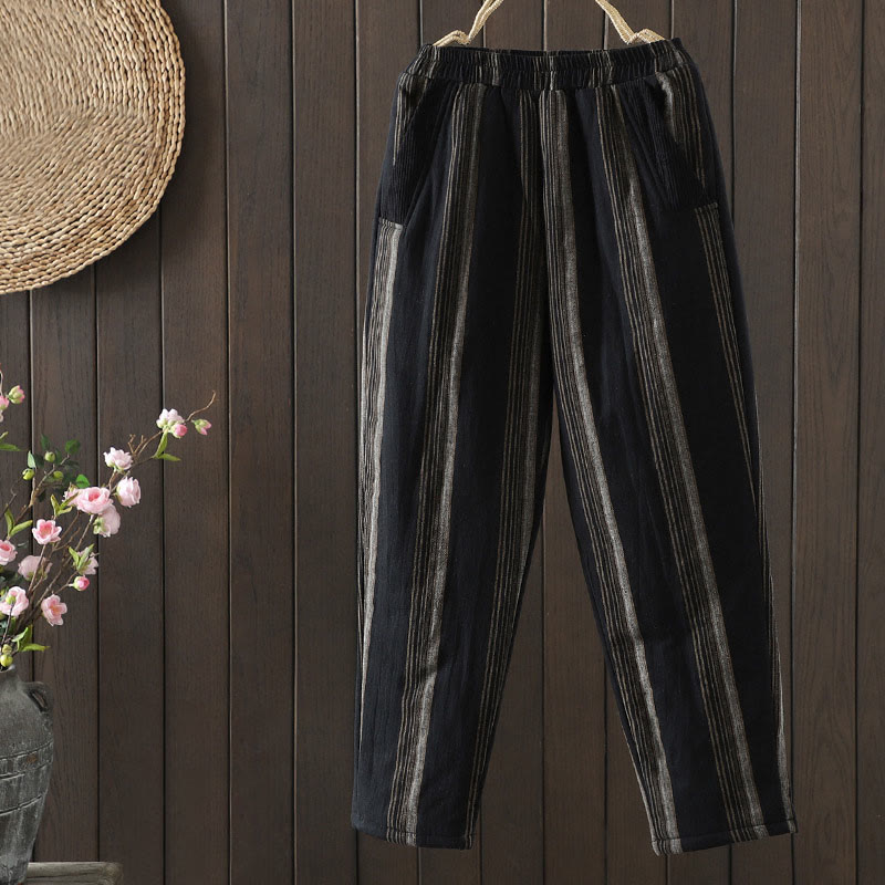 Buddha Stones Commute Thermal Striped Cotton Corduroy Women's Harem Padded Pants With Pockets - Black - US8-10，UK/AU12-14，EU40-42 (2XL) - image 9