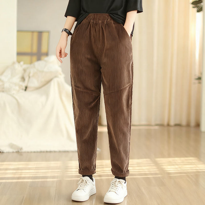 Buddha Stones Plain Tapered Cotton Corduroy Women's Harem Thermal Fleece-Lined Pants With Pockets - image 10