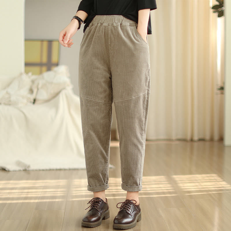 Buddha Stones Plain Tapered Cotton Corduroy Women's Harem Thermal Fleece-Lined Pants With Pockets - image 21