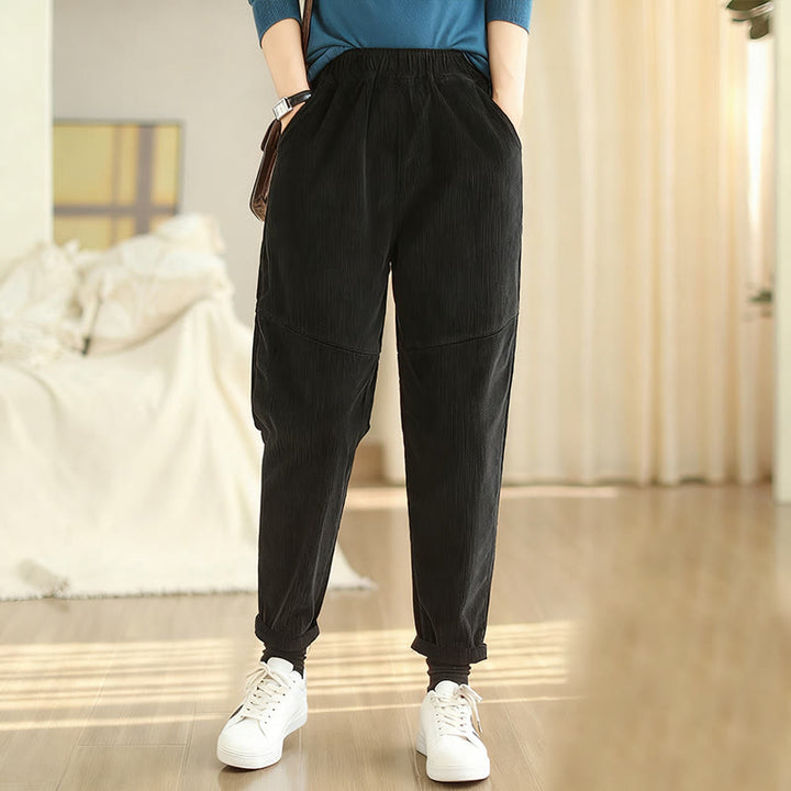Buddha Stones Plain Tapered Cotton Corduroy Women's Harem Thermal Fleece-Lined Pants With Pockets - Black - US12，UK/AU16，EU44 (3XL) - image 13