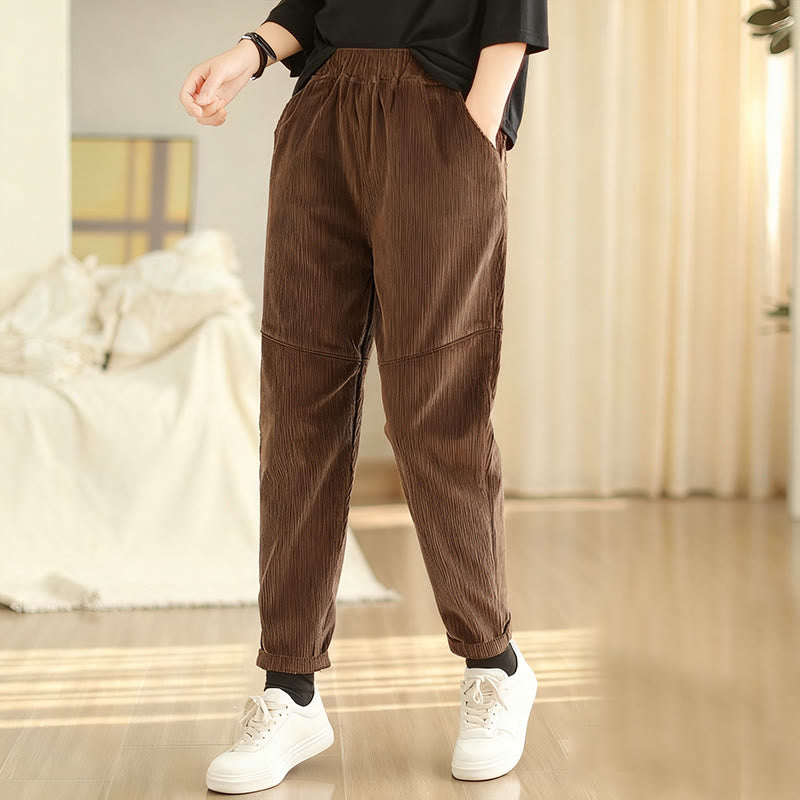 Buddha Stones Plain Tapered Cotton Corduroy Women's Harem Thermal Fleece-Lined Pants With Pockets - SaddleBrown - US12，UK/AU16，EU44 (3XL) - image 9