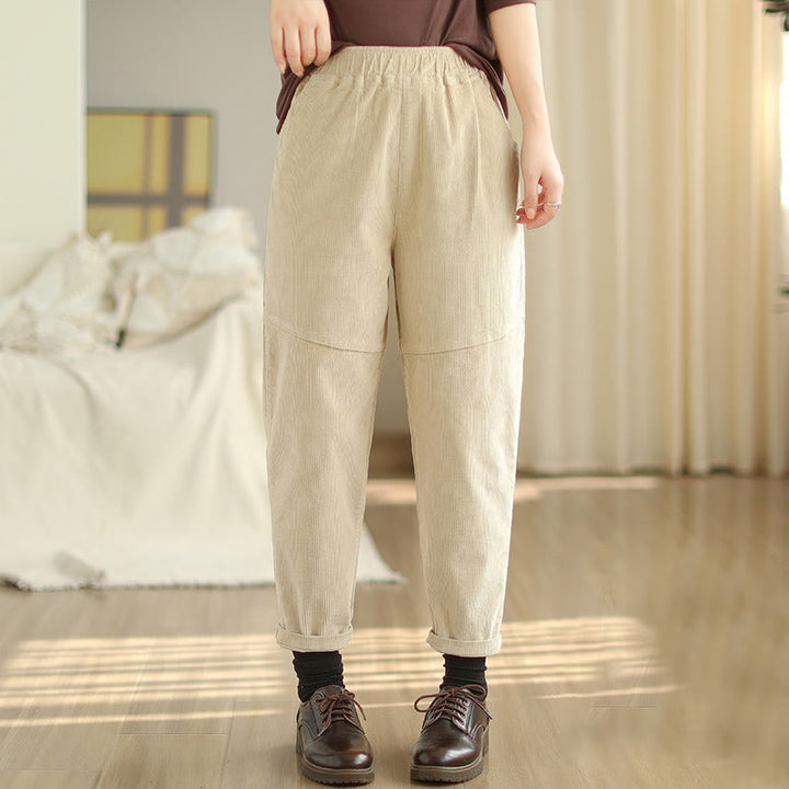Buddha Stones Plain Tapered Cotton Corduroy Women's Harem Thermal Fleece-Lined Pants With Pockets - Beige - US12，UK/AU16，EU44 (3XL) - image 0
