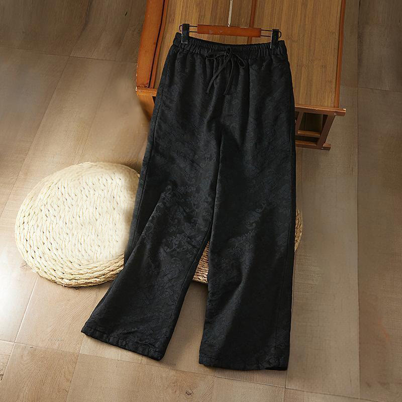 Buddha Stones Winter Thermal Jacquard Floral Pattern Women's Wide Leg Cotton Pants With Pockets - Black - US8-10，UK/AU12-14，EU40-42 (2XL) - image 0