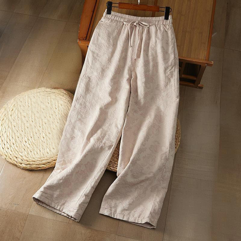 Buddha Stones Winter Thermal Jacquard Floral Pattern Women's Wide Leg Cotton Pants With Pockets - AntiqueWhite - US8-10，UK/AU12-14，EU40-42 (2XL) - image 7