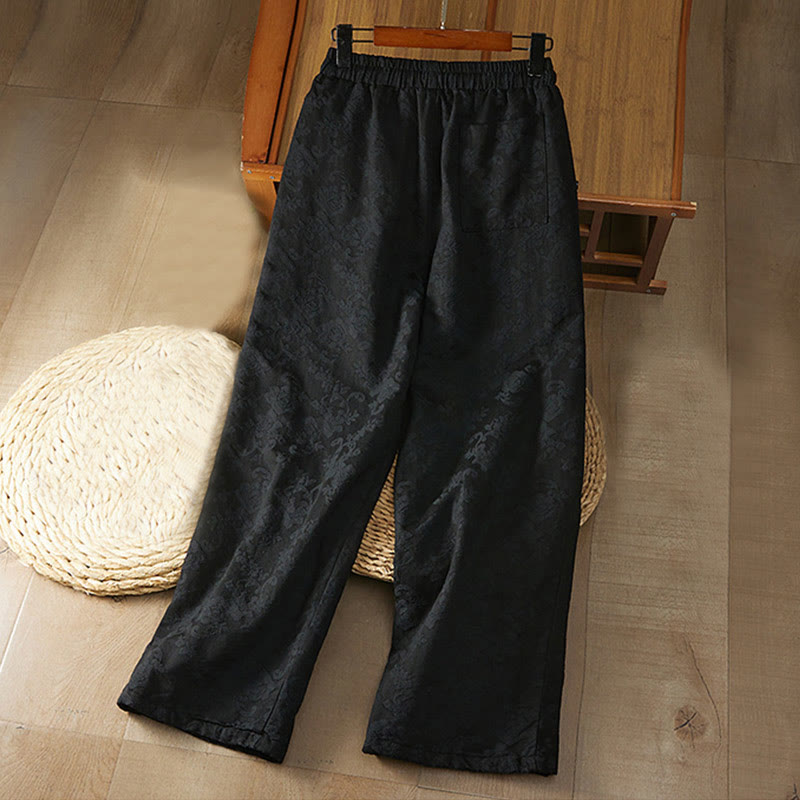 Buddha Stones Winter Thermal Jacquard Floral Pattern Women's Wide Leg Cotton Pants With Pockets - image 1