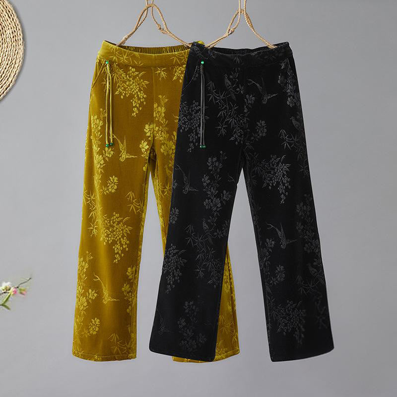 Buddha Stones Women's Jacquard High Waist Design Wide Leg Cotton Fleece-Lined Pants With Pockets - image 0