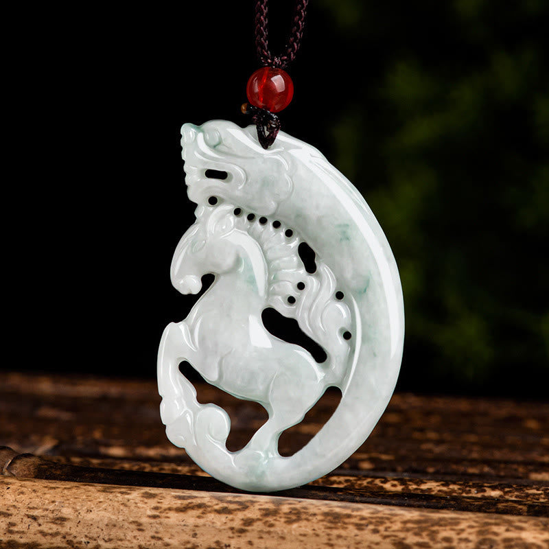 Buddha Stones Year of the Horse Dragon Jade Prosperity Rope Necklace Pendant - Horse - image 0