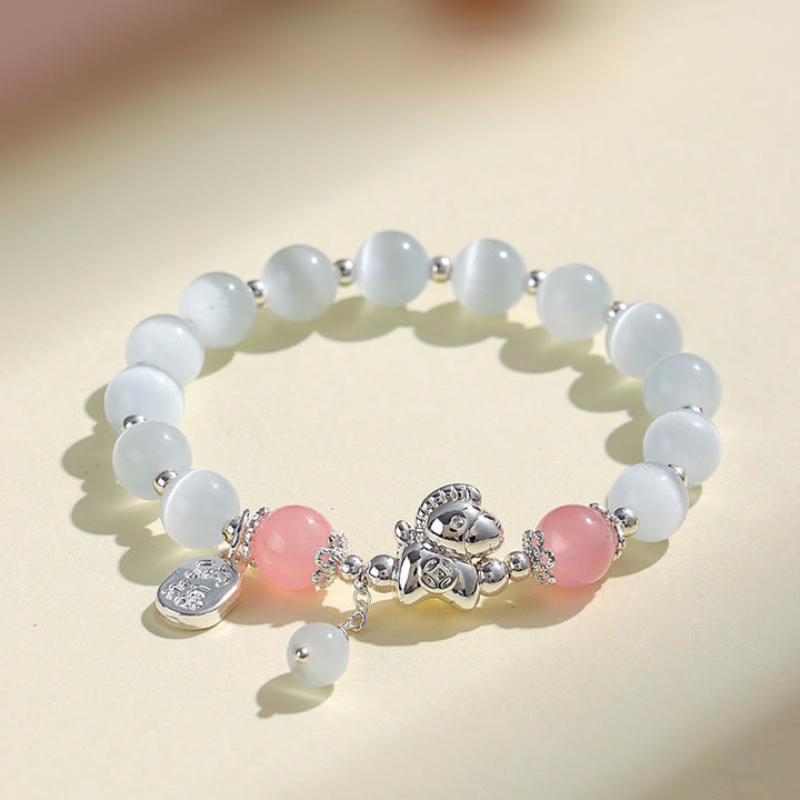 Buddha Stones Natural Cat's Eye Rose Quartz Crystal Year of the Horse Fu Character Love Bracelet - Cat's Eye Rose Quartz(Wrist Circumference 14-16cm) - image 1