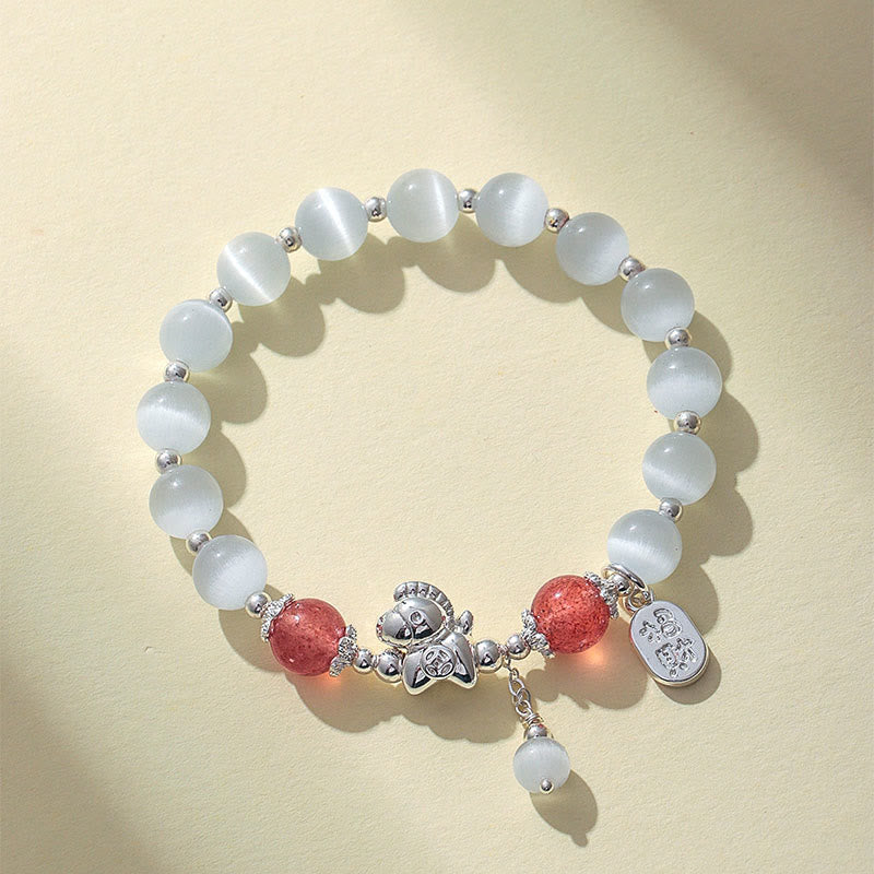 Buddha Stones Natural Cat's Eye Rose Quartz Crystal Year of the Horse Fu Character Love Bracelet - Cat's Eye Strawberry Quartz(Wrist Circumference 14-16cm) - image 7