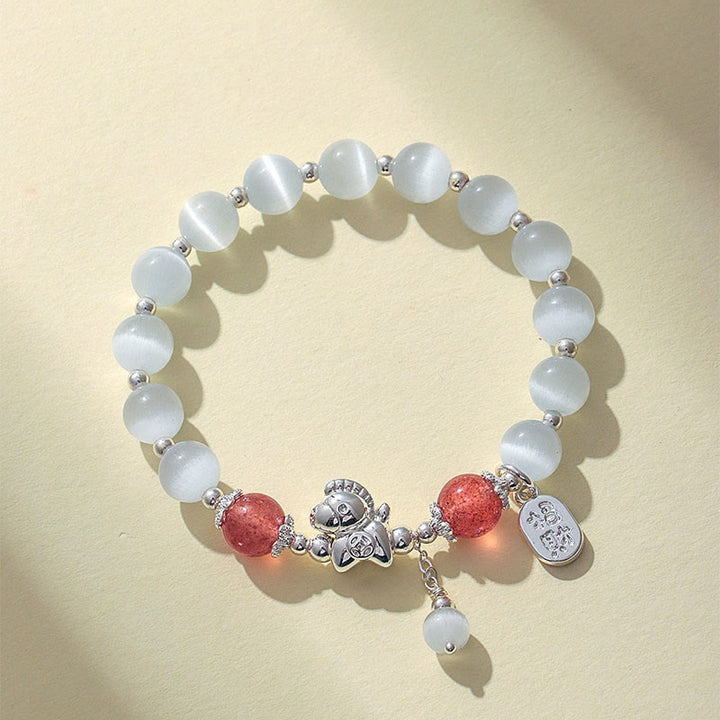 Buddha Stones Natural Cat's Eye Rose Quartz Crystal Year of the Horse Fu Character Love Bracelet - Cat's Eye Strawberry Quartz(Wrist Circumference 14-16cm) - image 7