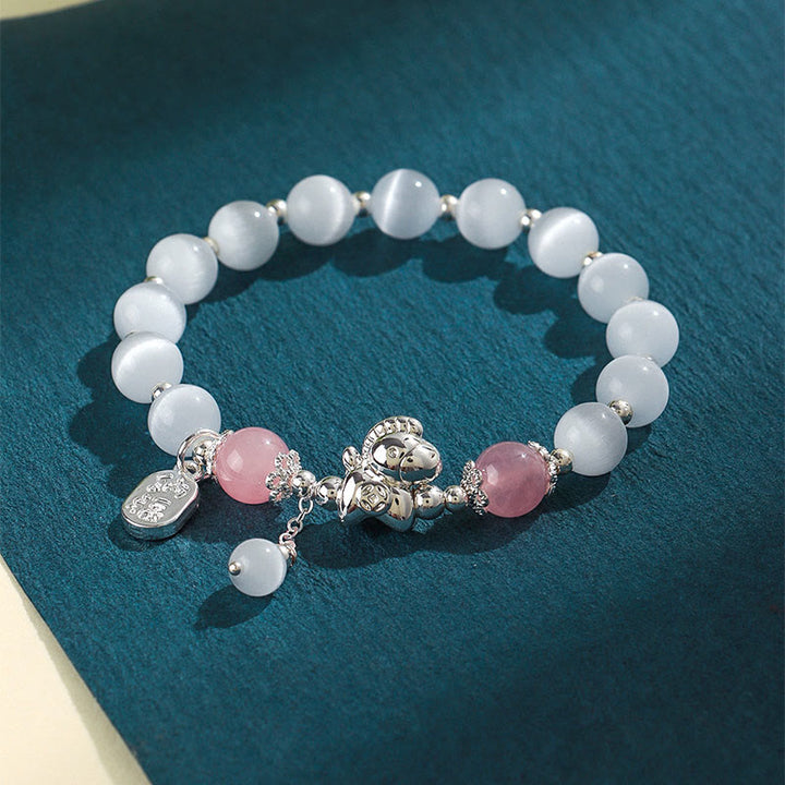 Buddha Stones Natural Cat's Eye Rose Quartz Crystal Year of the Horse Fu Character Love Bracelet - image 3