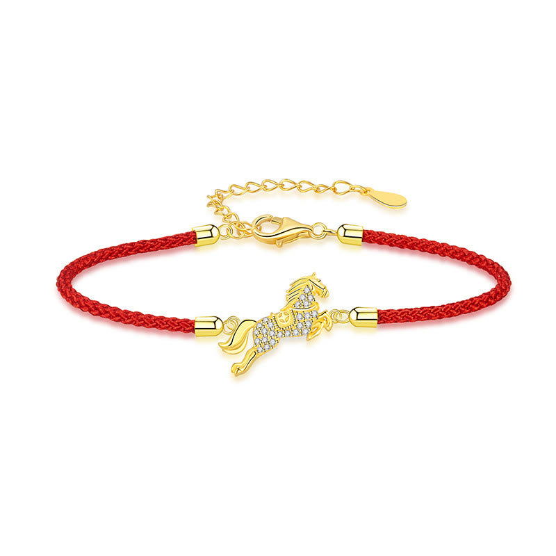 Buddha Stones Chinese Zodiac Year Of The Horse 925 Sterling Silver Golden Red String Luck Bracelet - image 1