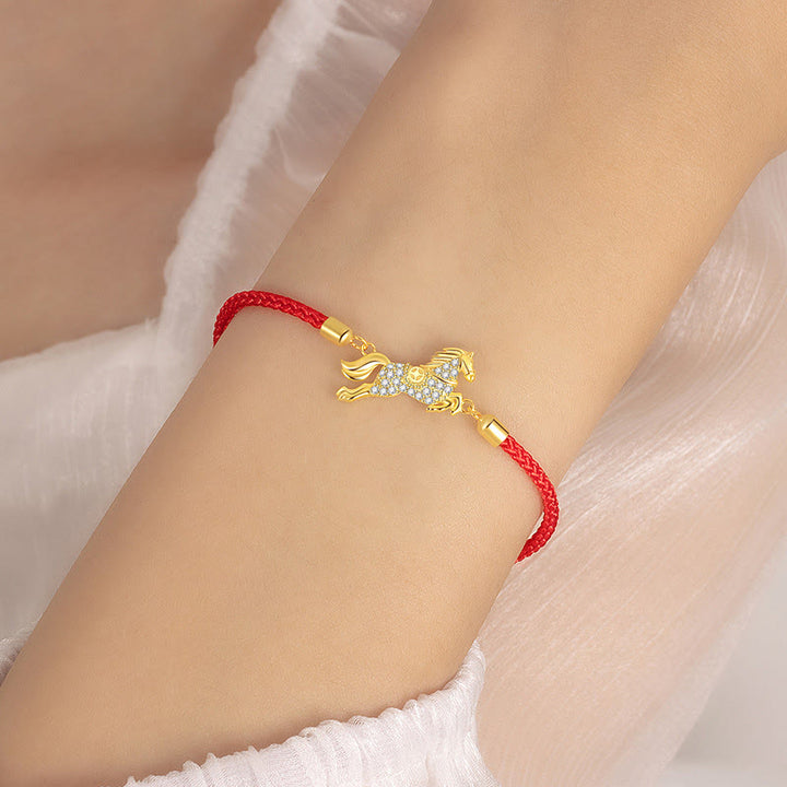 Buddha Stones 925 Sterling Silver Golden Chinese Zodiac Year Of The Horse Red String Luck Bracelet - image 4