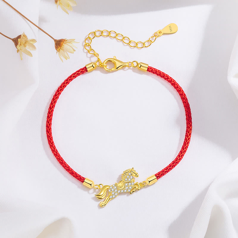 Buddha Stones 925 Sterling Silver Golden Chinese Zodiac Year Of The Horse Red String Luck Bracelet - Horse(Wrist Circumference 14-18cm) - image 0