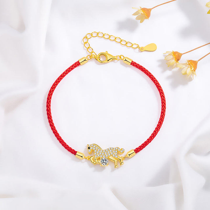 Buddha Stones 925 Sterling Silver Golden Year Of The Horse Red String Luck Adjustable Bracelet - Horse(Wrist Circumference 14-18cm) - image 0