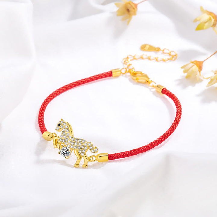 Buddha Stones 925 Sterling Silver Golden Year Of The Horse Red String Luck Adjustable Bracelet - image 1