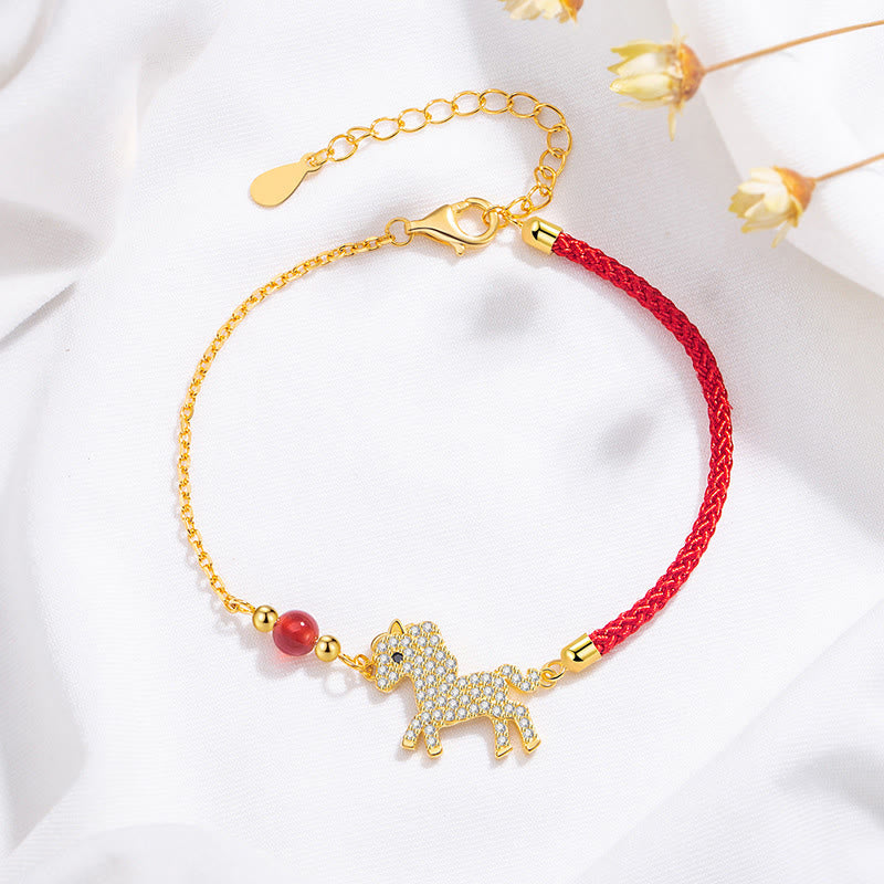 Buddha Stones 925 Sterling Silver Plated 18k Gold Year Of The Horse Red String Strength Bracelet - Horse(Wrist Circumference 14-18cm) - image 0