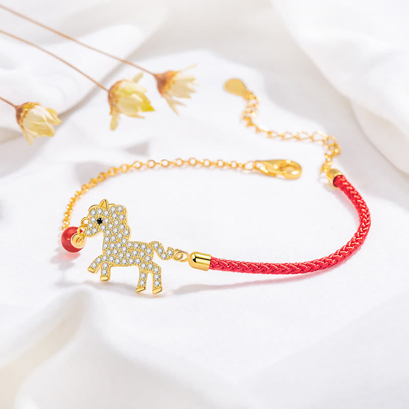 Buddha Stones 925 Sterling Silver Plated 18k Gold Year Of The Horse Red String Strength Bracelet - image 1