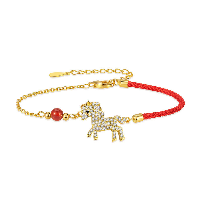 Buddha Stones 925 Sterling Silver Plated 18k Gold Year Of The Horse Red String Strength Bracelet - image 4