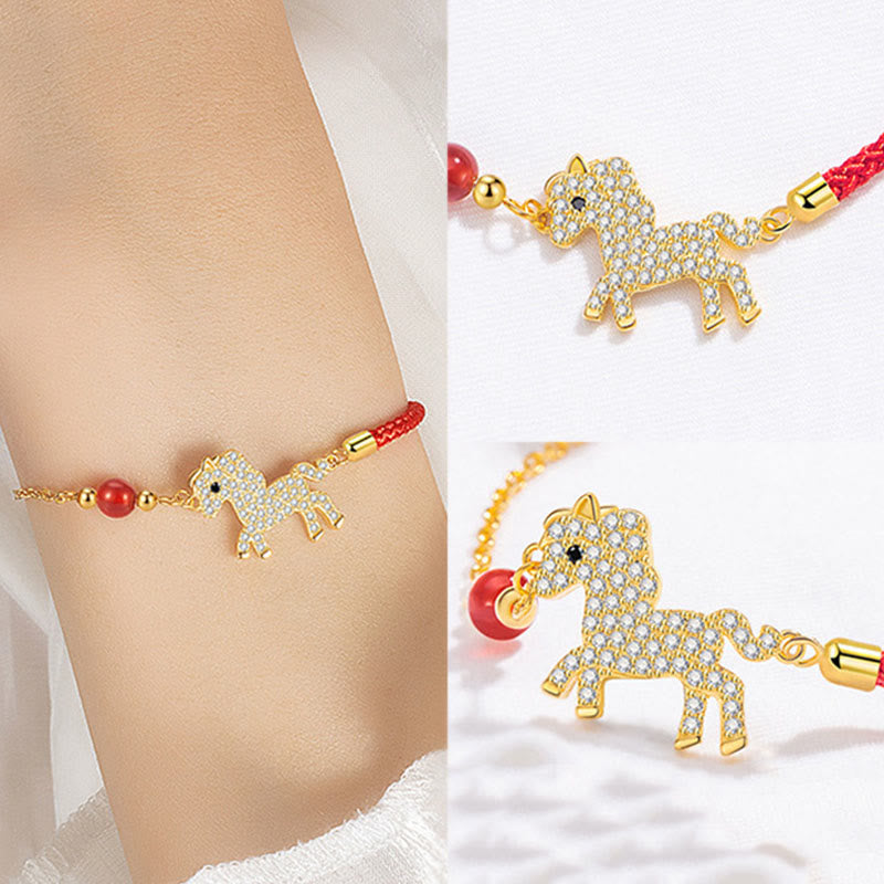 Buddha Stones 925 Sterling Silver Plated 18k Gold Year Of The Horse Red String Strength Bracelet - image 6