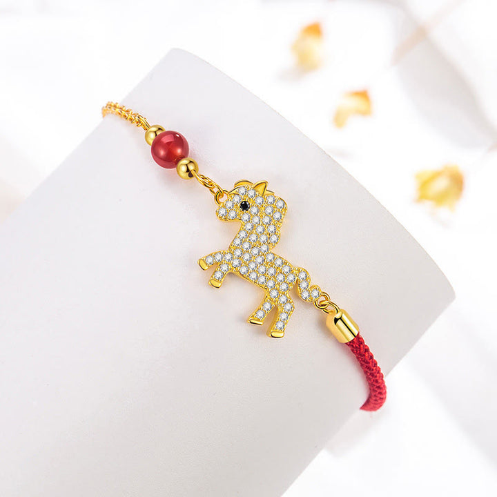 Buddha Stones 925 Sterling Silver Plated 18K Gold Horse Charm Red String Strength Braided Bracelet - image 2