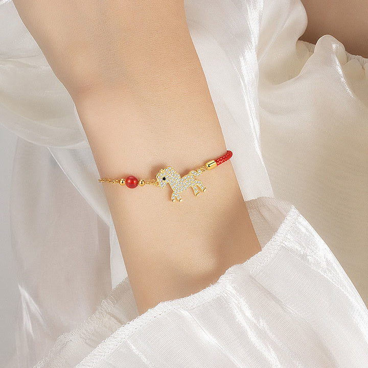 Buddha Stones 925 Sterling Silver Plated 18k Gold Year Of The Horse Red String Strength Bracelet - image 5