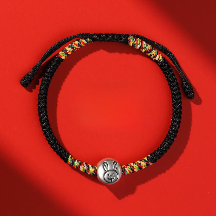 Buddha Stones 999 Sterling Silver Chinese Zodiac Horse Charm Red String Strength Braided Bracelet - Rabbit Black String - image 34
