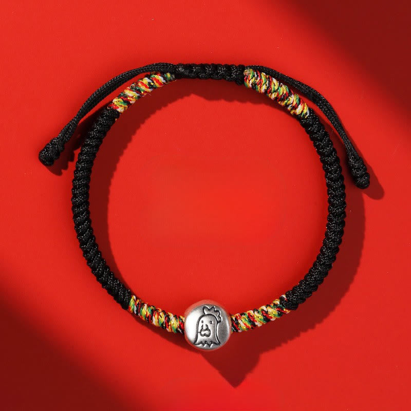 Buddha Stones 999 Sterling Silver Chinese Zodiac Horse Charm Red String Strength Braided Bracelet - Rooster Black String - image 40