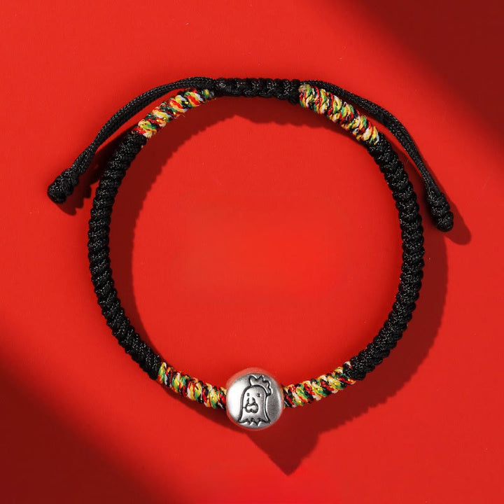 Buddha Stones 999 Sterling Silver Chinese Zodiac Horse Charm Red String Strength Braided Bracelet - Rooster Black String - image 40