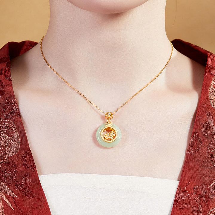 Buddha Stones 925 Sterling Silver Horse Hetian Jade Peace Buckle Fu Character Luck Necklace Pendant - image 10