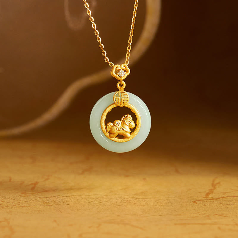 Buddha Stones 925 Sterling Silver Year Of The Horse Hetian Jade Peace Buckle Luck Necklace Pendant - Jade(Prosperity♥Abundance) - image 0