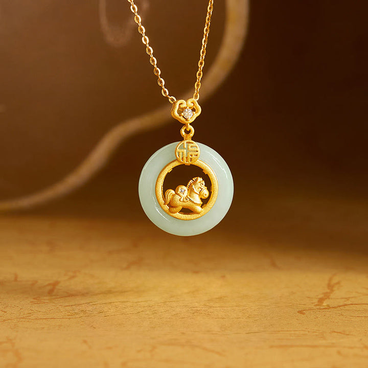Buddha Stones 925 Sterling Silver Year Of The Horse Hetian Jade Peace Buckle Luck Necklace Pendant - Jade(Prosperity♥Abundance) - image 0