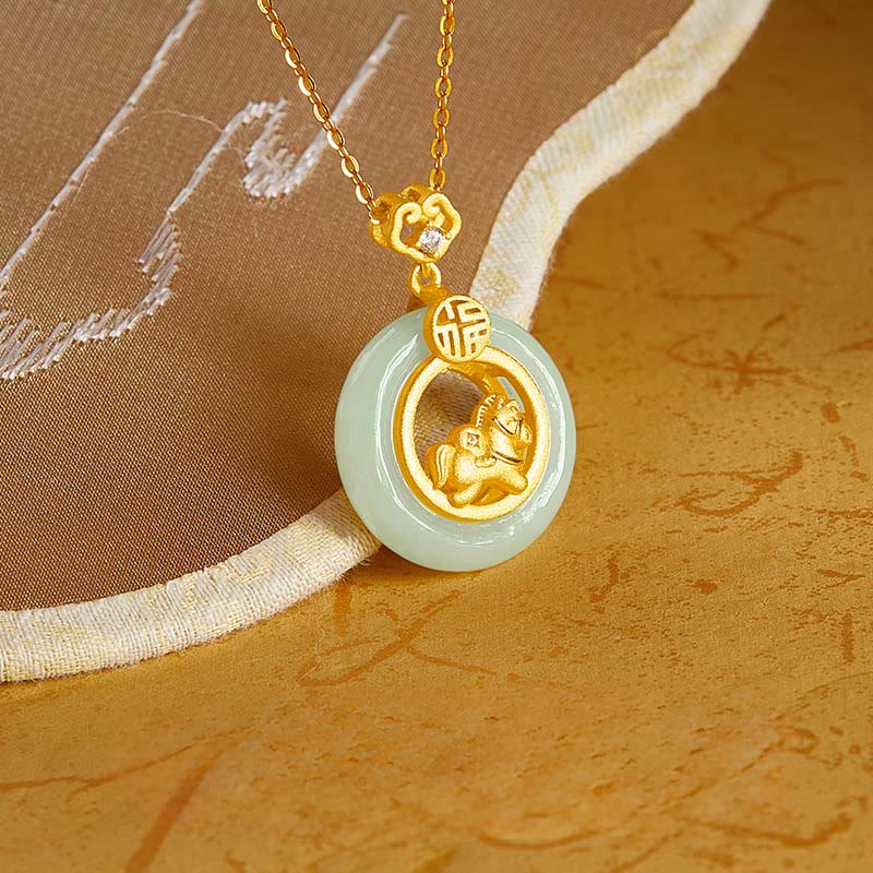 Buddha Stones 925 Sterling Silver Year Of The Horse Hetian Jade Peace Buckle Luck Necklace Pendant - image 2