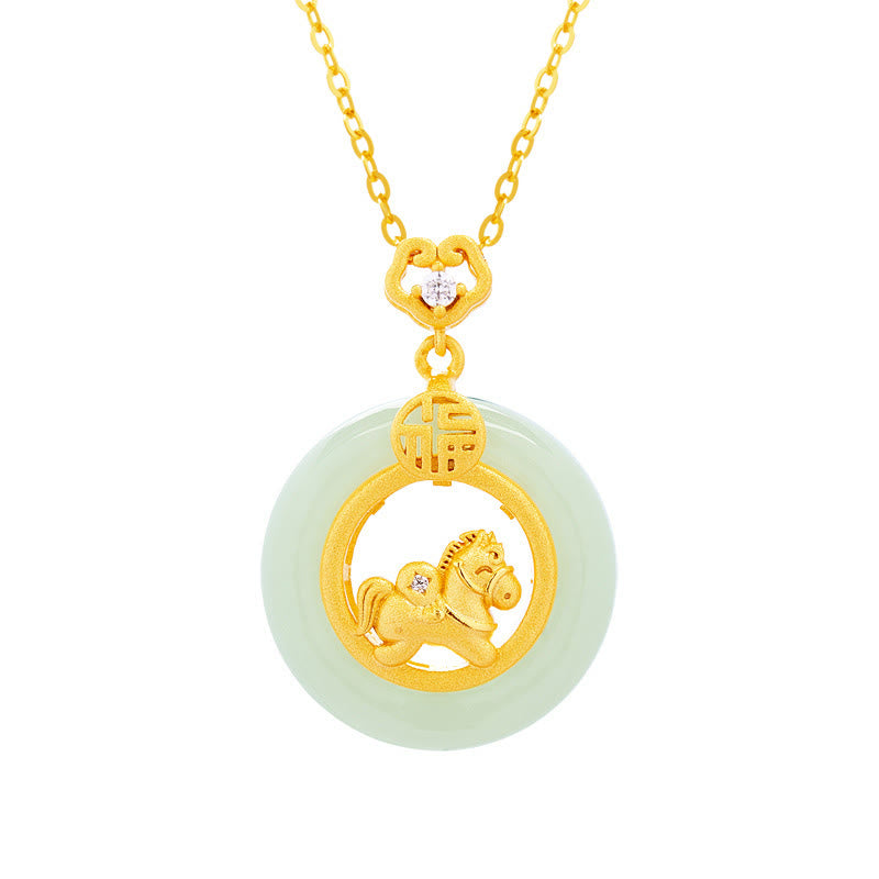 Buddha Stones 925 Sterling Silver Year Of The Horse Hetian Jade Peace Buckle Luck Necklace Pendant - image 5