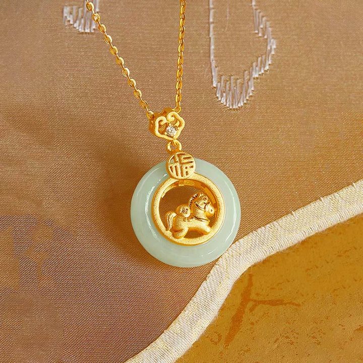 Buddha Stones 925 Sterling Silver Horse Hetian Jade Peace Buckle Fu Character Luck Necklace Pendant - image 3